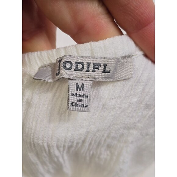 Jodifl Boho White Off Shoulder Tiered Maxi Dress Pom Pom Trim Medium Romantic - Picture 3 of 5